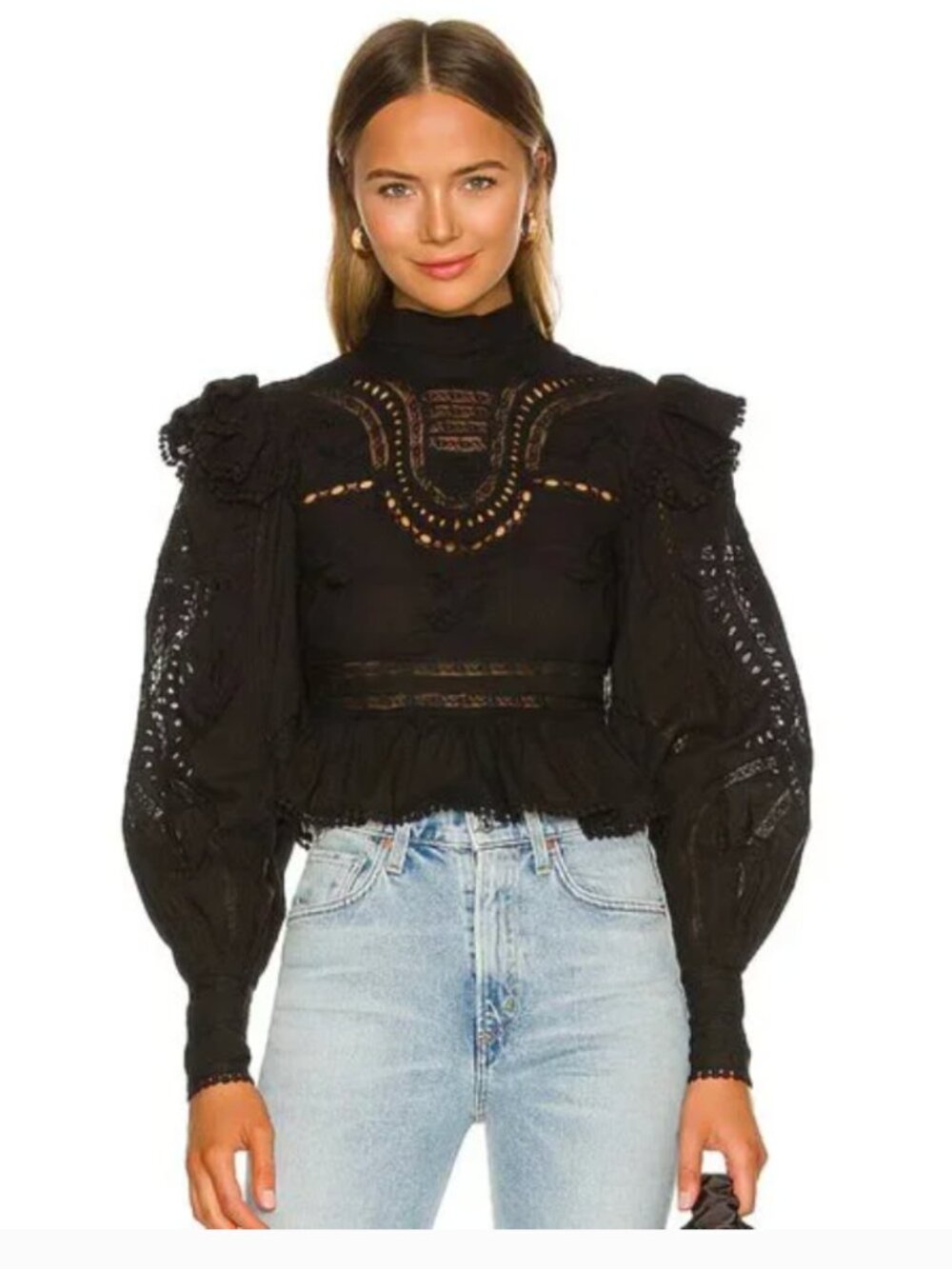 Tularosa Black Open Back Pleated Mockneck Ruffled Shoulder Michon Top